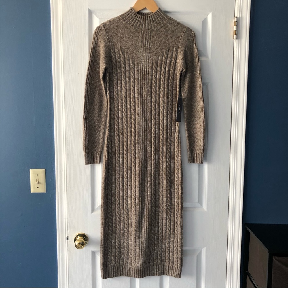 Super Soft Tahari Sweater Dress MIDI and Long Sleeves Tan Color